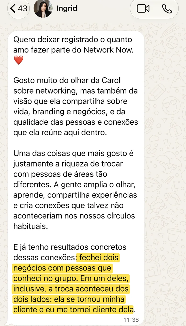 Mensagem da Ingrid sobre os negócios que fechou no Club