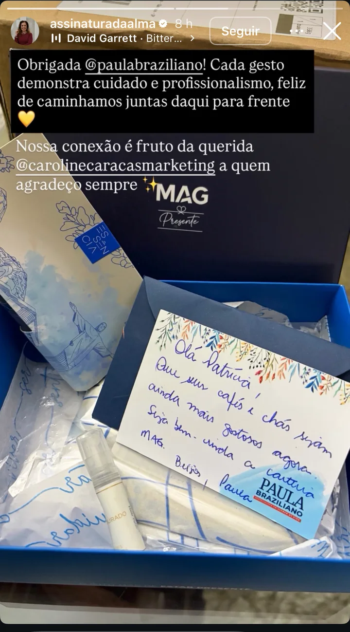 Story da @assinaturadaalma agradecendo a parceria com a Paula Braziliano