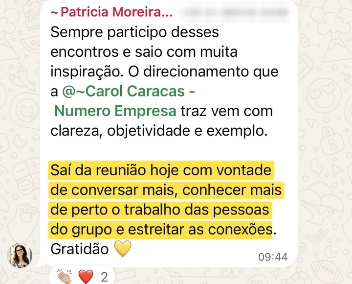 Mensagem da Patricia Moreira no grupo do Club